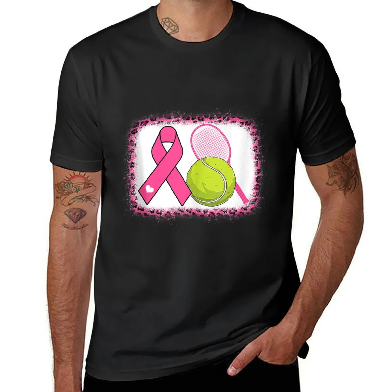 

Tennis Leopard Pink Ribbon Breast Cancer Awareness Warrior T-Shirt kawaii clothes summer top plus sizes tees Men's clothing