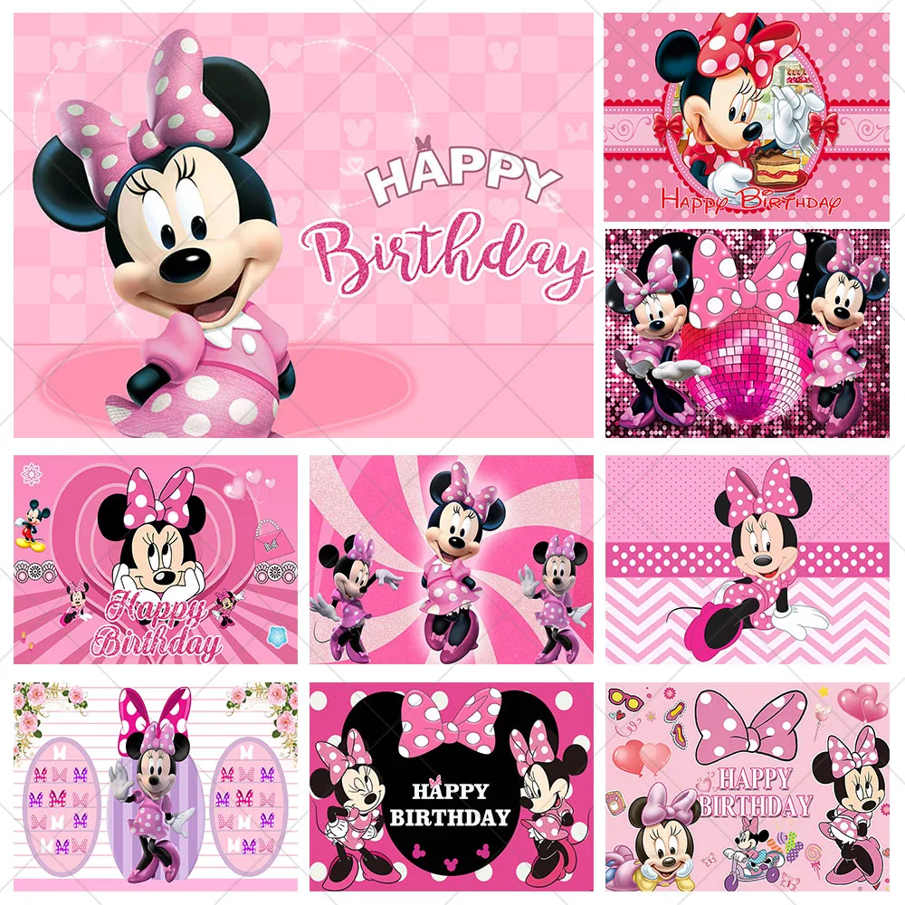 

Disney Minnie Mouse Photography Backdrop Baby Shower Girl Birthday Party Background Pink Polka Bow Vinyl Photo Studio Props