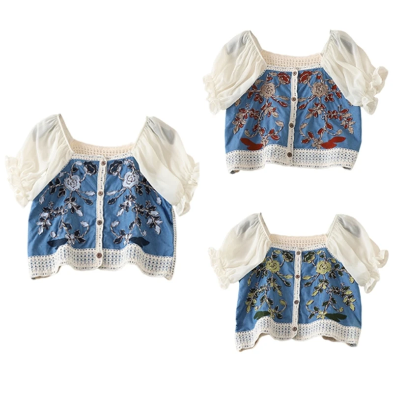 

Women Bubble Short Sleeve Square Neck Cropped Cardigans Blouses Hollowed Out Crochet Knitted Flower Button Up Shirt Top