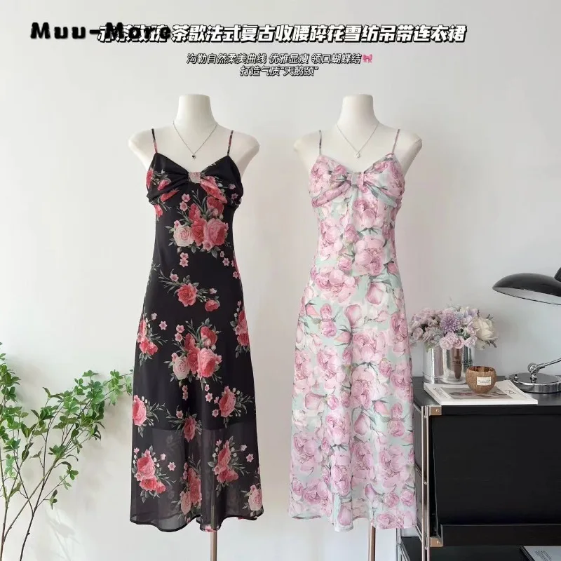 

Women Vintage Floral Print V-neck Bow Backless Mid-Calf Dress 2024 Summer Elegant Sleeveless High Waist Camisole Suspender Dress