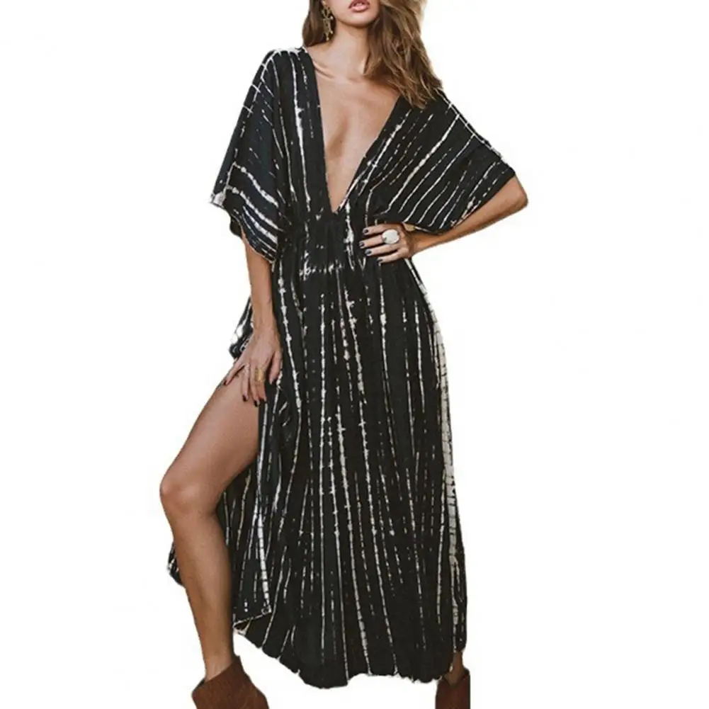 Dress Deep V Neck Striped Color Matching Pleated Half Sleeve High Waist Split Hem Bikini Cover-up Swimsuit Dresses For Women
Dress Deep V Neck Striped Color Matching Pleated Half Sleeve High Waist Split Hem Bikini Cover-up Swimsuit Dresses For Women