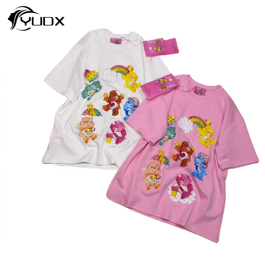 

YUDX Original Spring Summer Women Short Sleeve T-shirt Cute Bears Beading Loose Pullover Top All-match Casual Pink Cotton Tees
