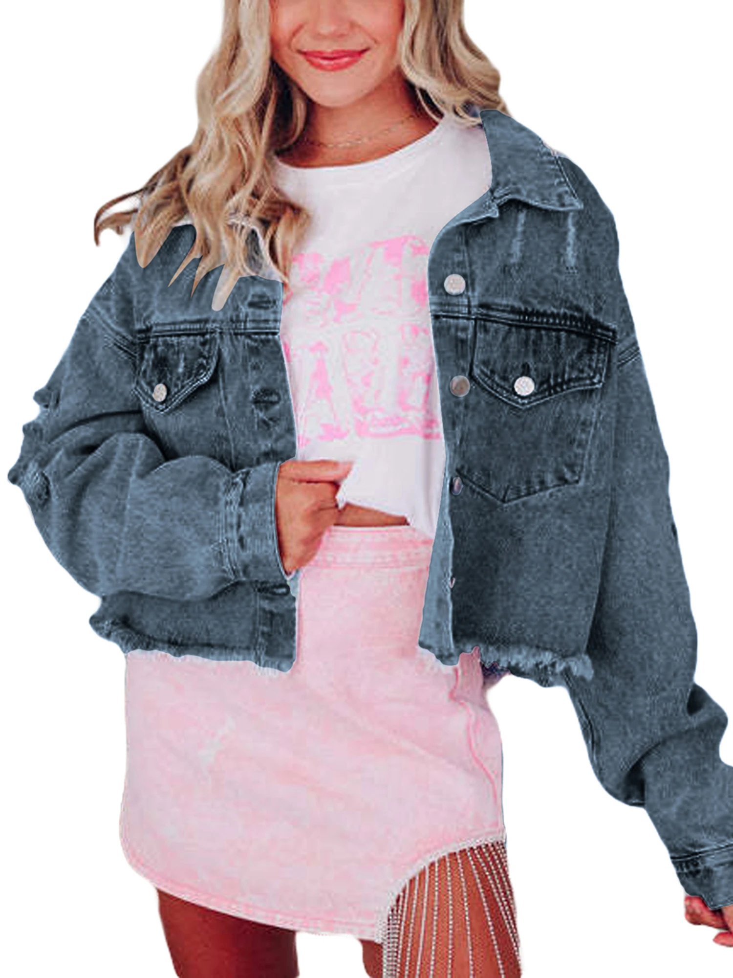 

Casual Oversized Denim Jacket with Fringed Sleeves and Distressed Details