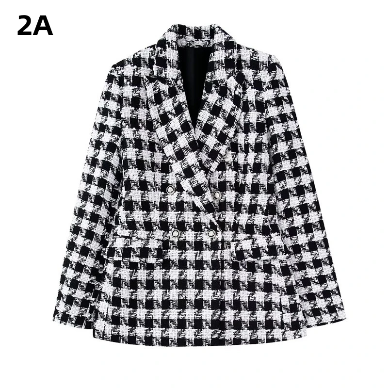

2ABA Women Fashion Double Breasted Houndstooth Blazer Coat Vintage Long Sleeve Flap Pockets Female Outerwear Chic Suit Jacket