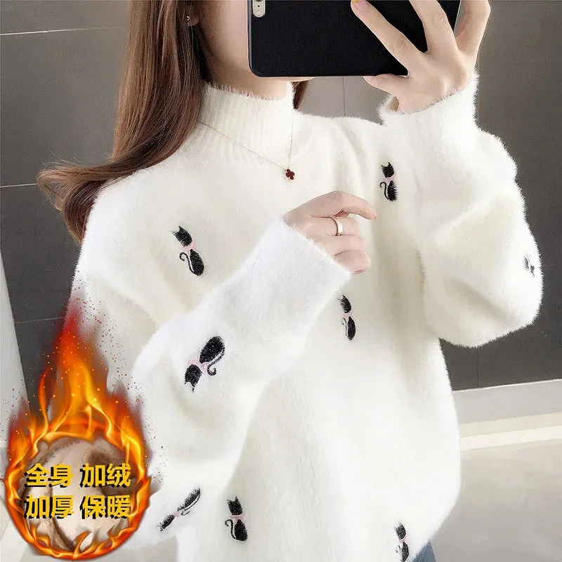 

New female imitation Mink Velvet Sweater Coat Autumn Winter Warm Half Turtleneck Pullover Sweater Knitted Bottoms Womens Clothes