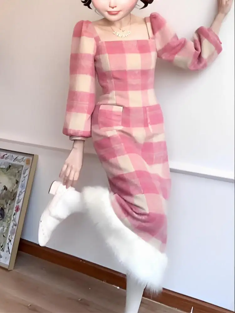 

Korea Pink Plaid Dress For Women Square Collar Puff Long Sleeves Dresses Korean Gentle Wind Midi Autumn And Winter