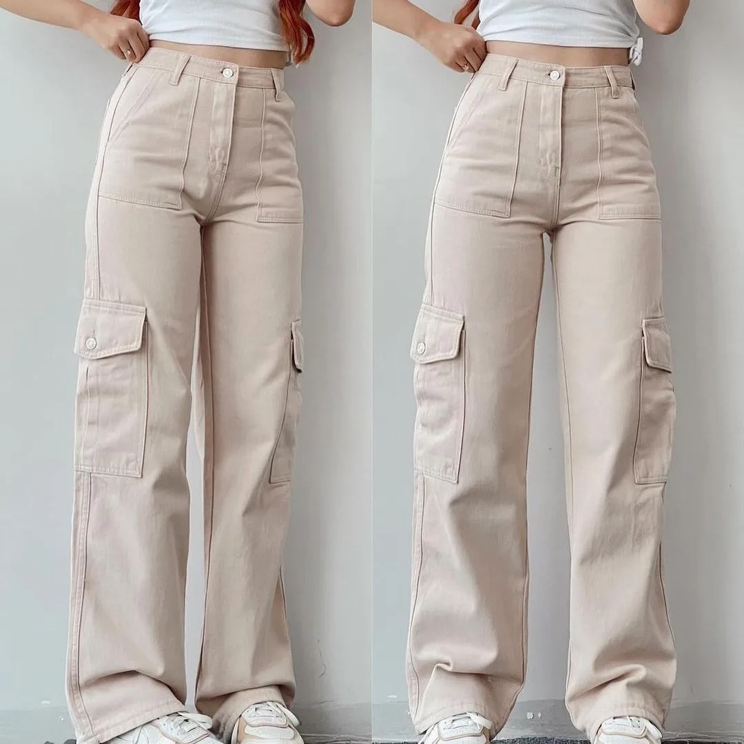 

Y2K Women Vintage Cargo Pants Streetwear Techwear Korean Harajuku Parachute Pants Beige Sweatpants Wide Leg Joggers Trousers