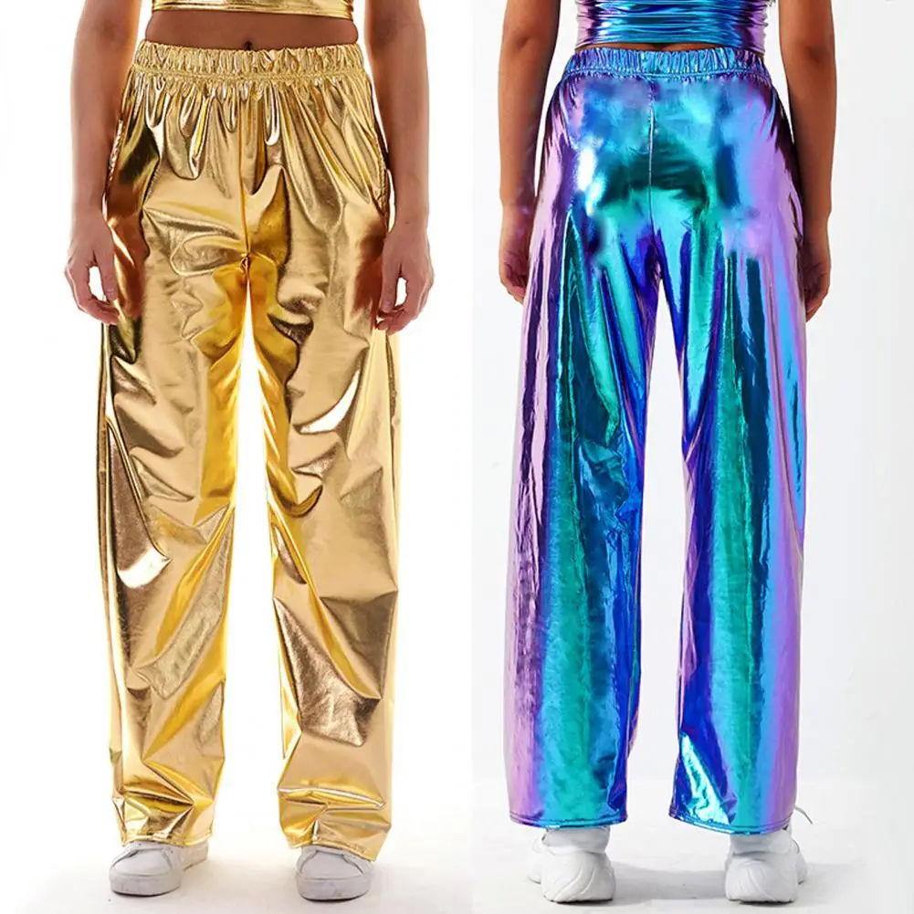 Elastic Waist Wide Leg Pants Women's Metallic High Waist Holographic Pants Casual Streetwear Trousers with Wide Leg for Hip
Elastic Waist Wide Leg Pants Women's Metallic High Waist Holographic Pants Casual Streetwear Trousers with Wide Leg for Hip