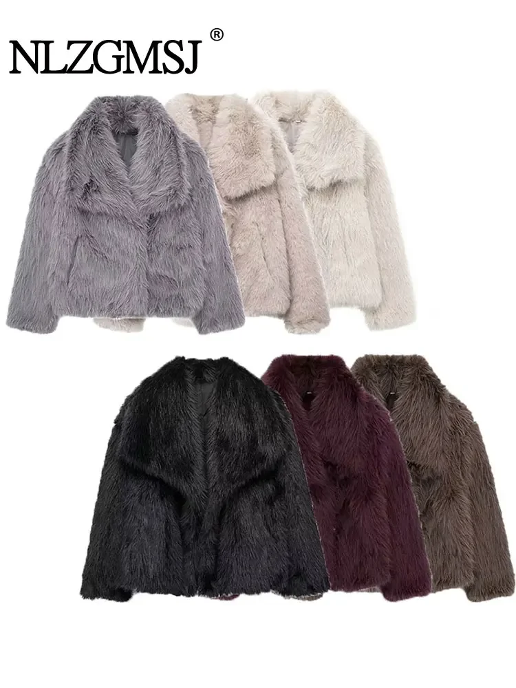 

Nlzgmsj TRAF 2024 Woman Artificial Fur Effect Short Jacket Coats Fashion Vintage Long Sleeve Autumn Winter Causal Loose Warm Top