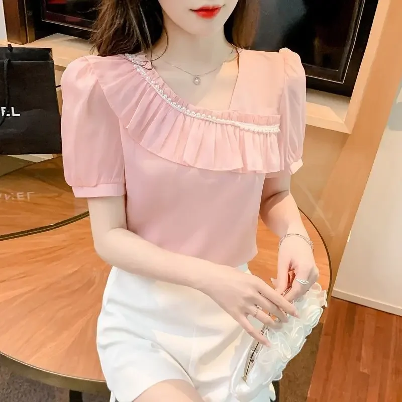 Summer Fashionable Sweet Solid Female Skew Collar Shirt Korean Casual Ruffles Patchwork Puff Sleeve Blouse Women's Clothing E341
Summer Fashionable Sweet Solid Female Skew Collar Shirt Korean Casual Ruffles Patchwork Puff Sleeve Blouse Women's Clothing E341