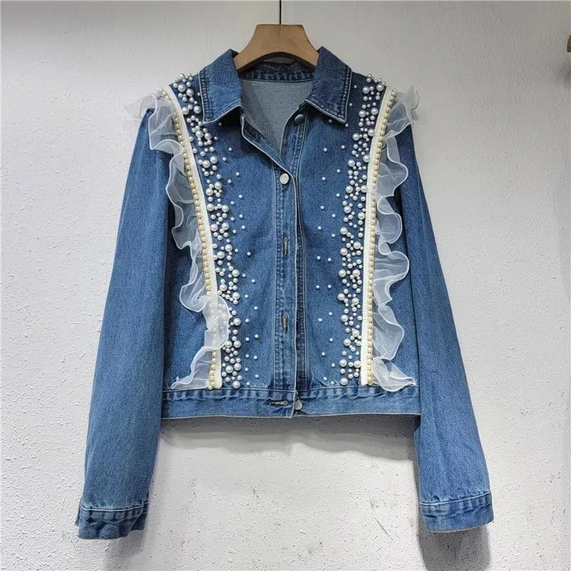 

Beading Lace Splicing Denim Jacket Women Loose Short Cowboy Outerwear Autumn Vintage Blue Long Sleeve Jeans Jacket Coat Female