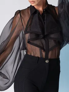 Women s Mesh Sheer Bodysuit Solid Color Long Puff Sleeve Lapel Ruffled Leotard Tops Blouses Shirt