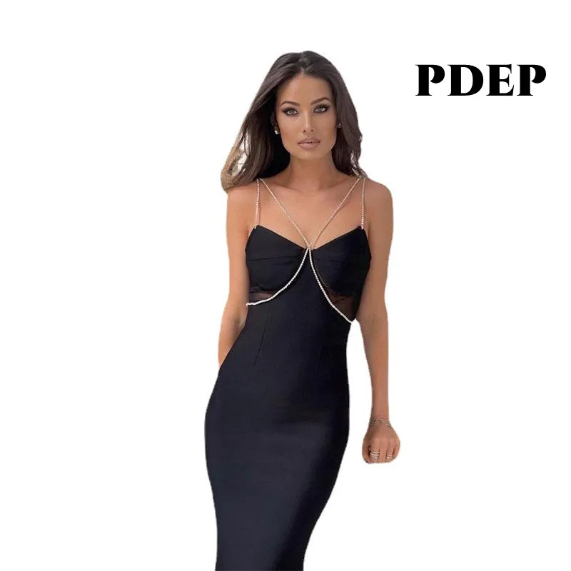 

PDEP Women Black Bandage Evening Party Long Maxi Dress Slim Trailing Prom Luxury Crystal Rhinestone Suspenders Robe