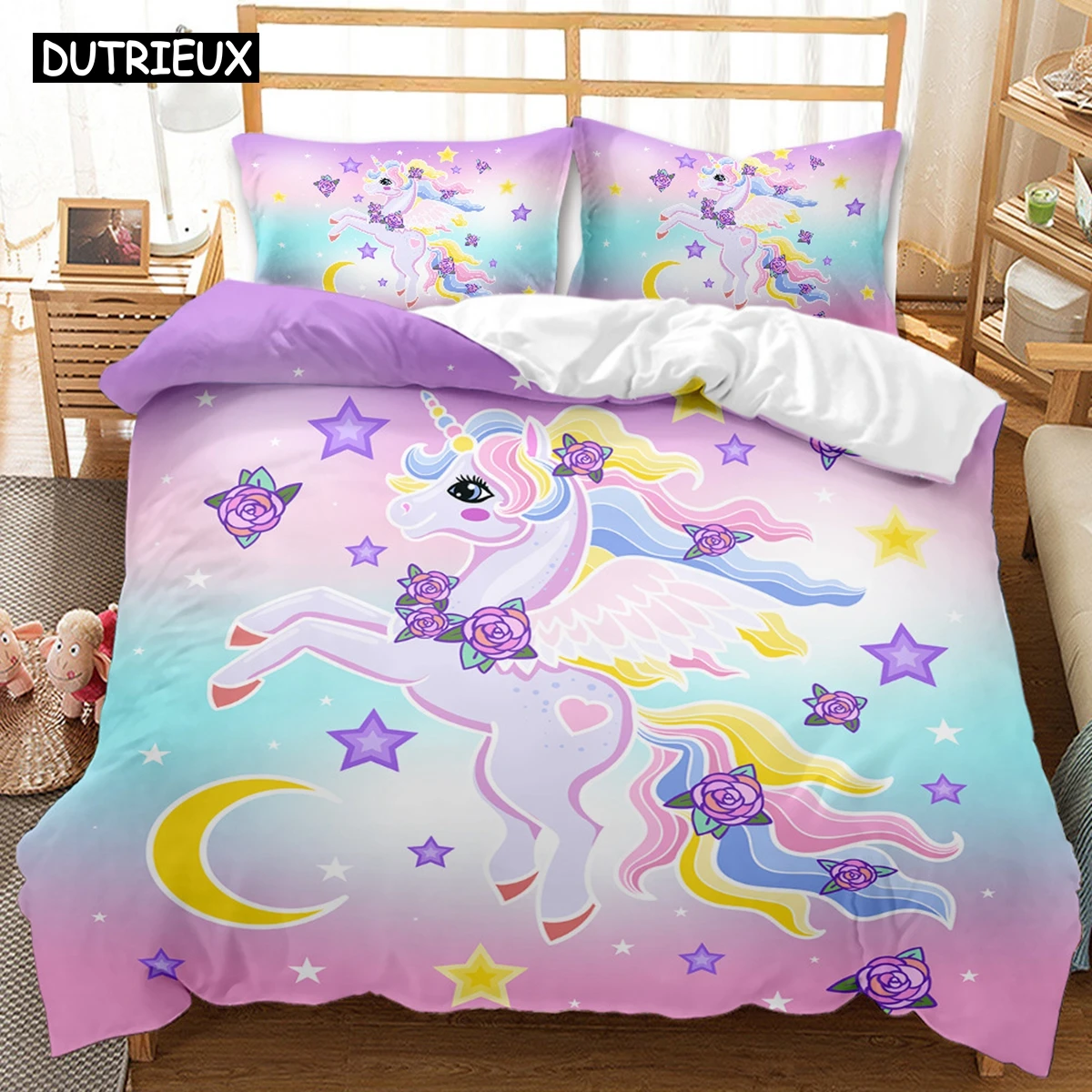 

Hot Sale Cartoon Unicorn Kids Girls Pink 3D Bedding Set Duvet Cover Bedcllothes Animal Printed Queen King Size Home Bed Linens