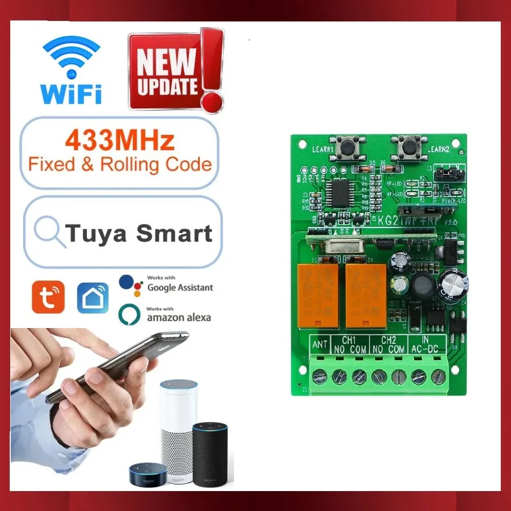

Tuya WIFI Garage Door Opener Gate Receiver 2ch 433mhz 433.92mhz Universal Fixed Rolling Code Multi Brand Controller Switch