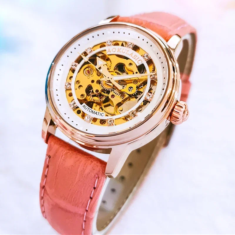 

AOKULASIC 2023 Luxury Pink Woman Watches Automatic Mechanical Wristwatch Lady Fashion Business New Ladies Clock Relogio Feminino