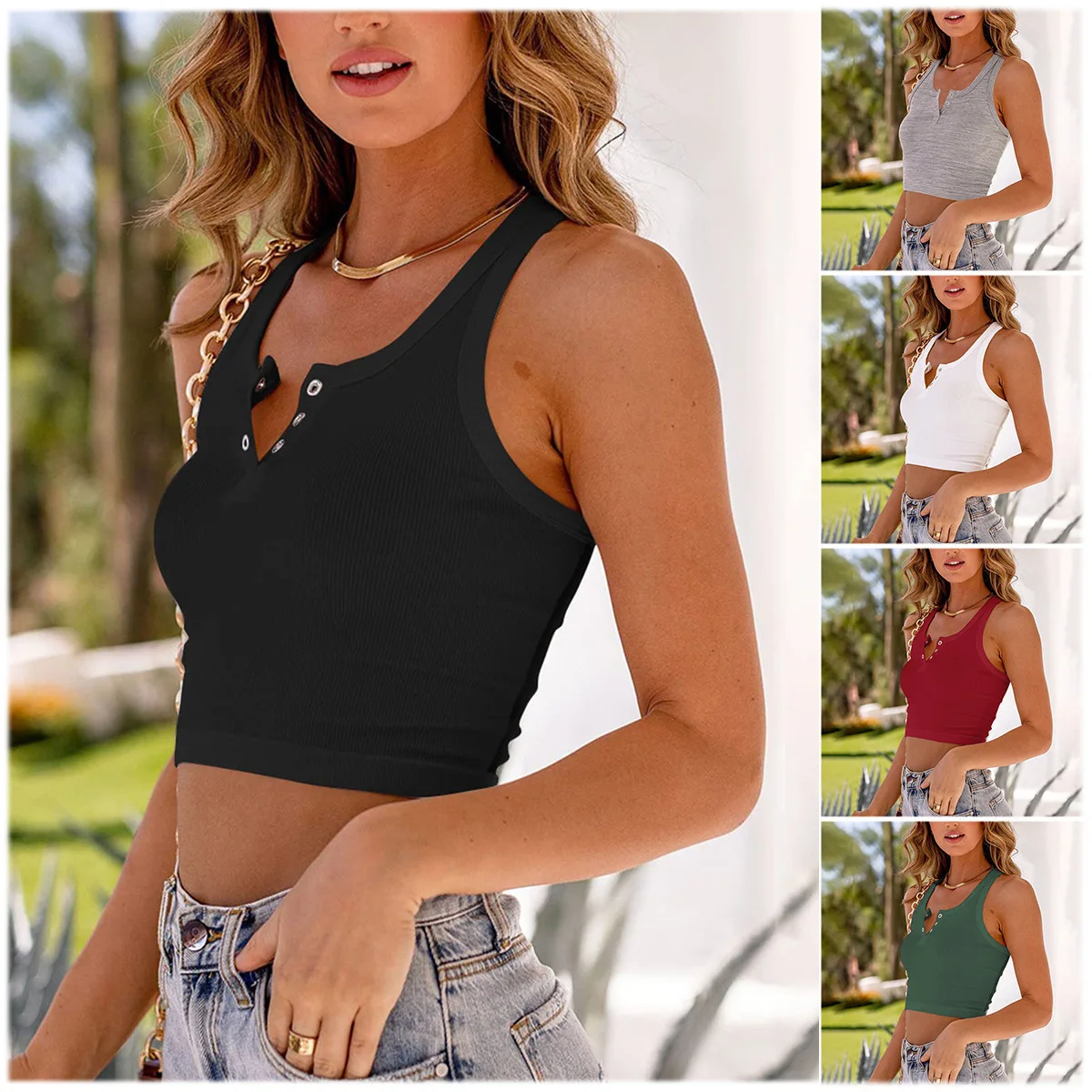 

Women's Tank Top 2023 Spring and Summer New V-neck Tank Top Solid Color Sleeveless Exposed Umbilical Sexy Racerback Tank Top