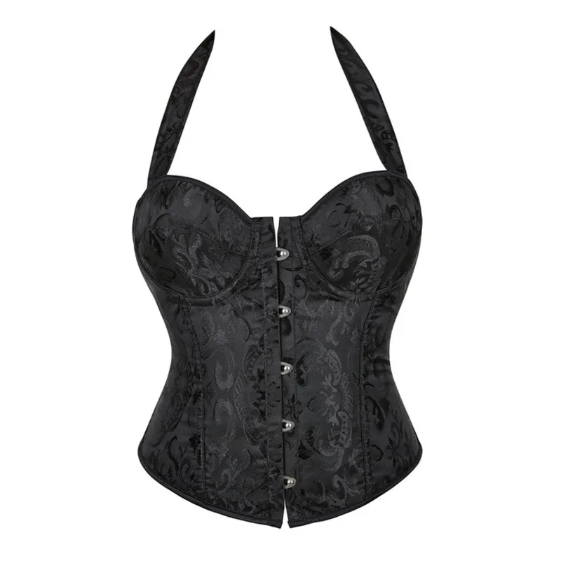 

Steampunk Corset Sexy Gothic Bustier Overbust New Hanging Neck with Steel Ring Cup for Women Court Boned Lace Up Shapewear Top