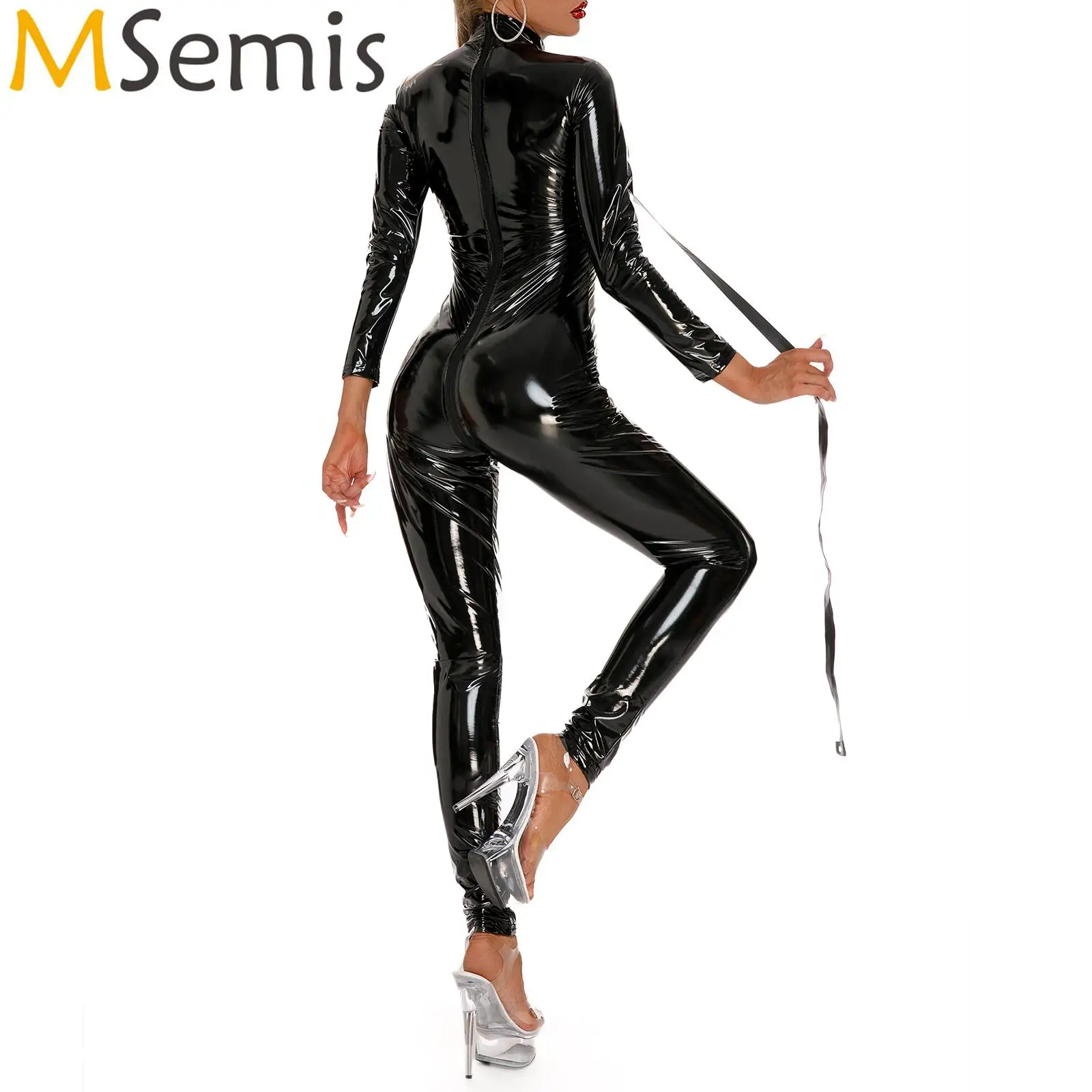

Zipper Crotch Jumpsuit Rave Clubwear for Womens O Ring Mock Neck Long Sleeve Catsuit with Belt Wet Look Patent Leather Bodysuit