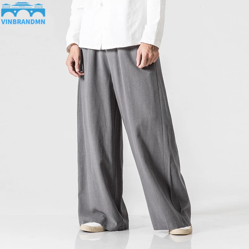 

New Chinese Style Linen Pants Men Loose Flared Pants Large Size 5XL Fashion Casual Wide-Leg Pants Yoga Skirt Pants Thai Trousers