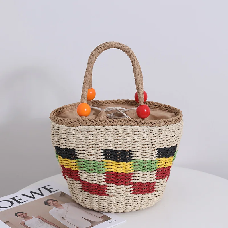 

Hand Woven Color Lattice Women's Straw Bag Cute Wood Beads Beaded Handbag Summer Travel Vacation Beach Bag Fruit Picnic Basket