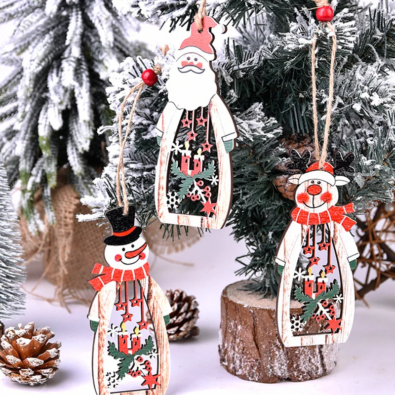 

2023 New Christmas Ornaments Xmas Tree Wooden Pendants Hollow Out Wood Craft Santa Elk Hanging for New Year Home Decor Kids Gift