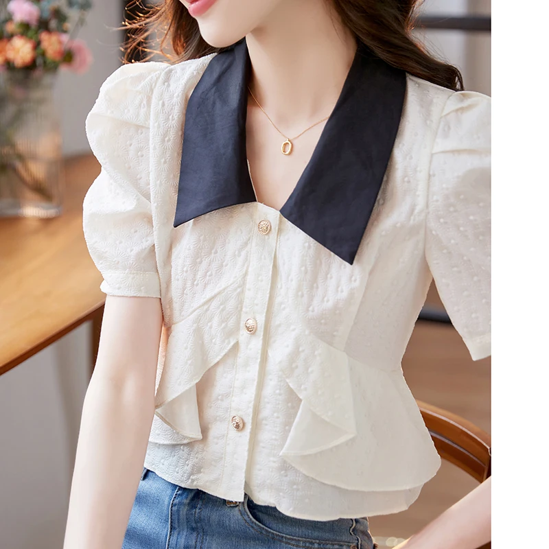 

QOERLIN Puff Sleeve Short Sleeve Summer Shirt Women 2024 New Lapel Ruffle Chiffon Blouse Slim Waist Short Tops Shirt Cropped Top