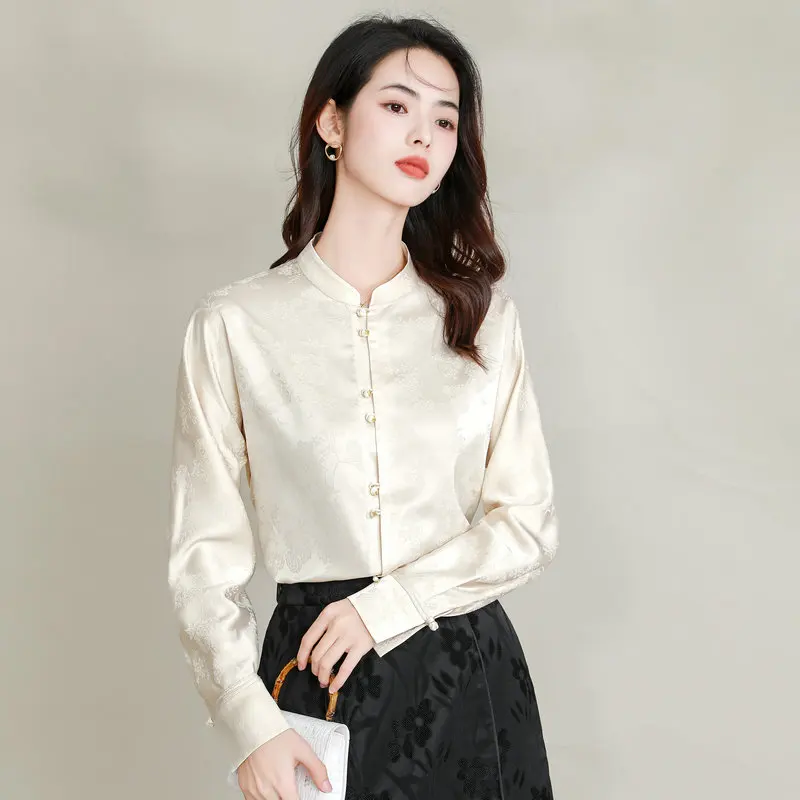 

Oriental Aesthetics Office Ladies Silk Jacquard Shirts Mandaric Collar Chic Floral Pattern Tops For Women Han-style Clothing New