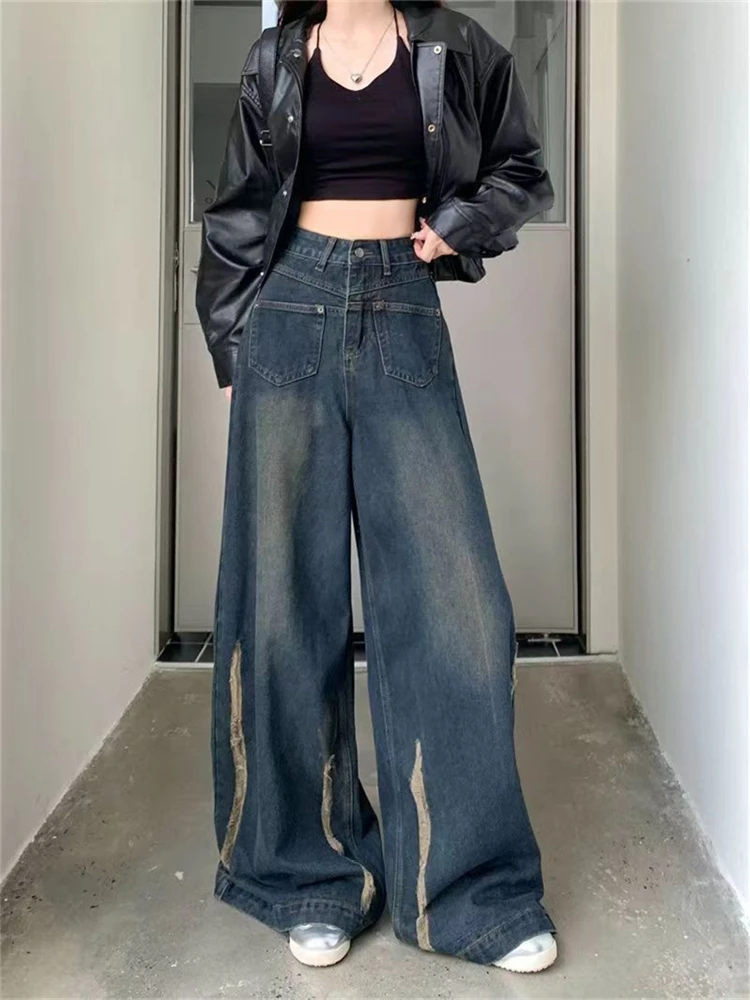 

Women's Front Pocket High Waisted Wide Leg Jeans Summer Young Girl Street Style Baggy Bottoms Casual Trousers Female Pants