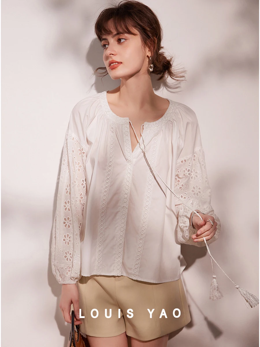 

LOUIS YAO Women Hollowing Out Embroidery Shirt 2024 Spring New French Style Casual Loose Fit V Neck Long Sleeve Tassels Blouses