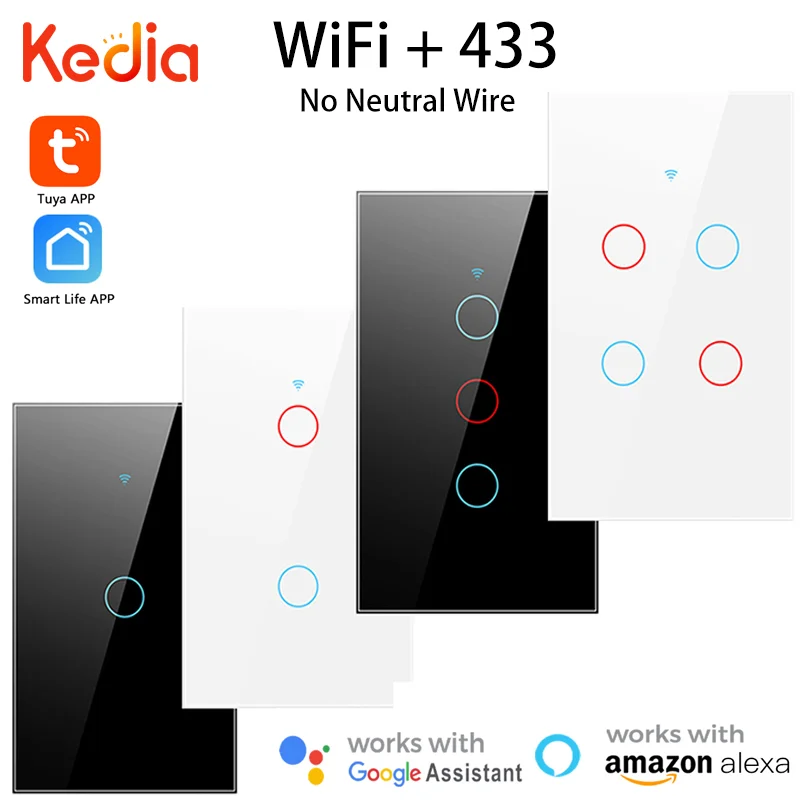 

Умный выключатель Kedia US WiFi + 433, 1/2/3/4 клавиши, без нейтрального провода