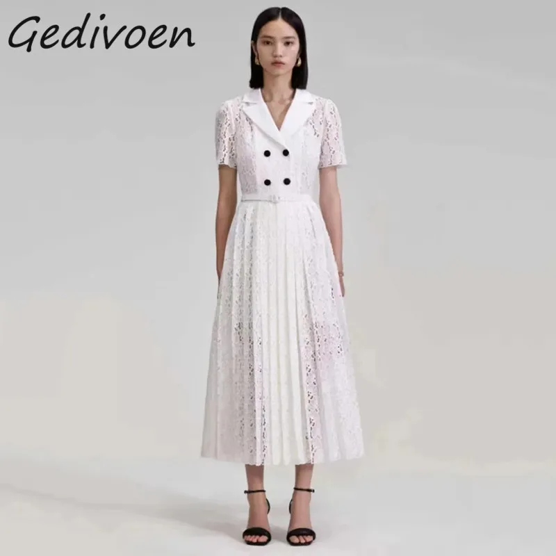 Gedivoen Summer Fashion Runway Elegant Lace Dress Women's V-Neck Embroidery Hollow Out Sashes Ruched Double Breasted Long Dress
Gedivoen Summer Fashion Runway Elegant Lace Dress Women's V-Neck Embroidery Hollow Out Sashes Ruched Double Breasted Long Dress