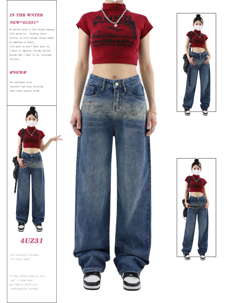 

Women's Blue Jeans Harajuku Y2k Aesthetic Streetwear Baggy Straight Denim Trousers Wide Jean Pants Vintage Trashy Clothes 2024