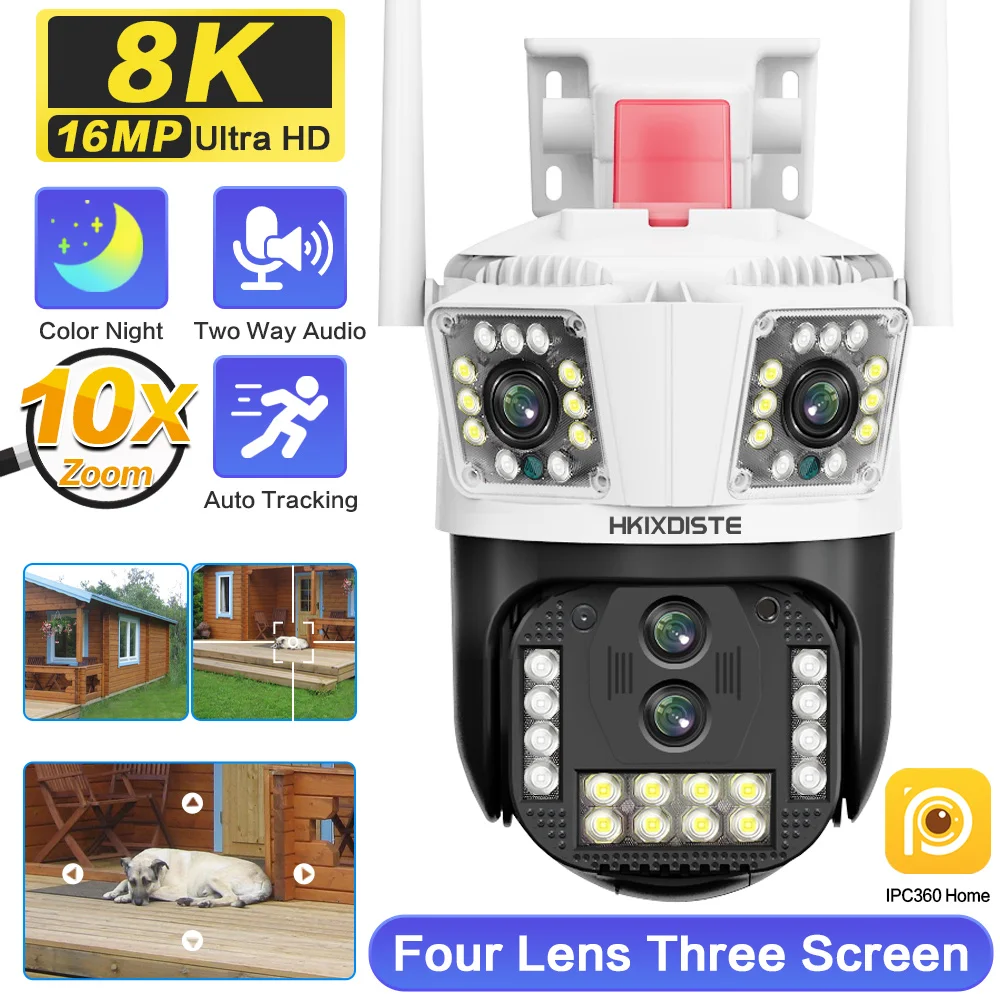 

8K 16MP Four Lens 10X Zoom WIFI PTZ Camera 4K Three Screen Outdoor AI Human Auto Tracking Security CCTV Surveillance Cameras