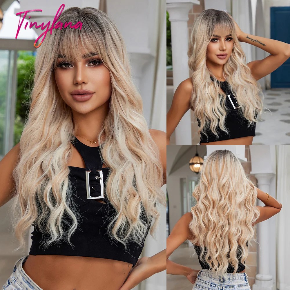 

Long Brown Ombre Blonde Synthetic Wigs Curly Wavy Wig with Bangs Cosplay Party for Women Afro Natural Hair Daily Heat Resistant