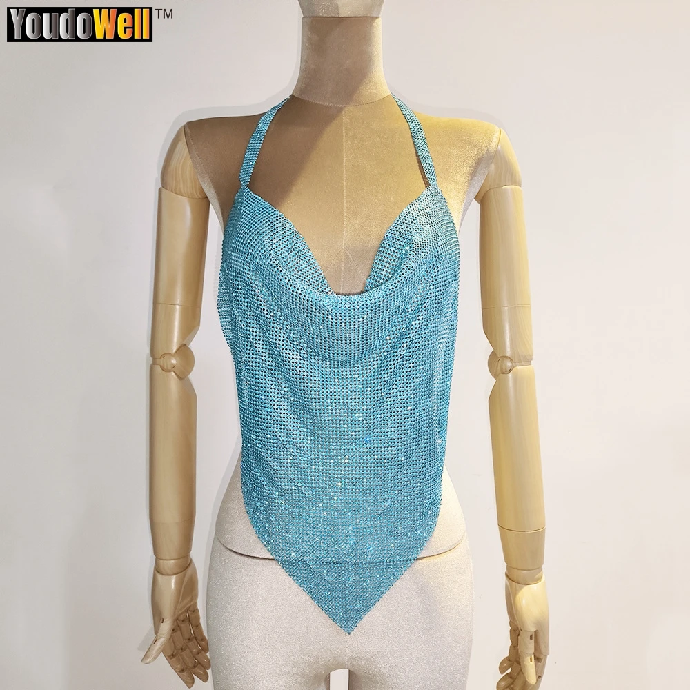 

Women's Rhinestone Pointed Toe Wrapped Chest Suspenders, Spaghetti Straps, Backless, Sexy, Low Neck Top, Blue, Metal, Triangle