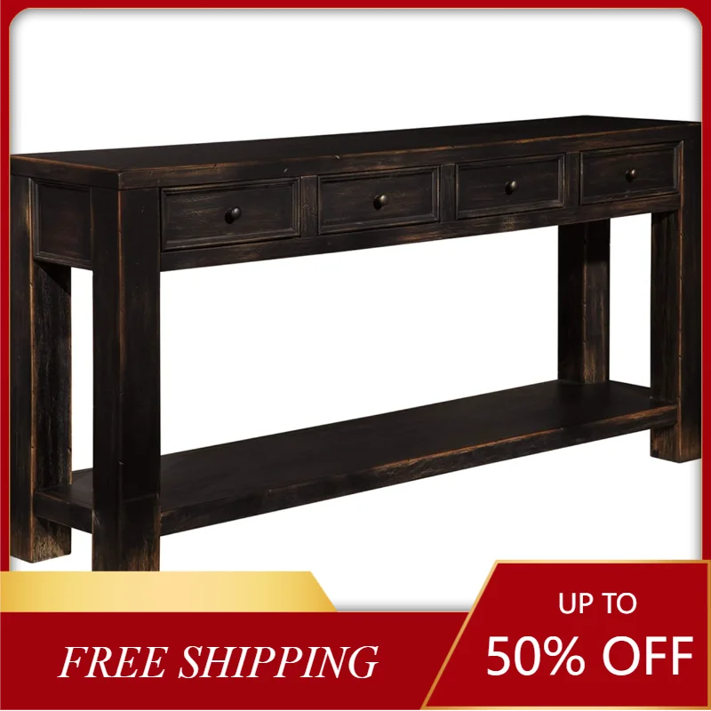 

NEW Signature Design by Ashley Gavelston Rustic Sofa Table with 4 Drawers and Lower Shelf, Weathered Black