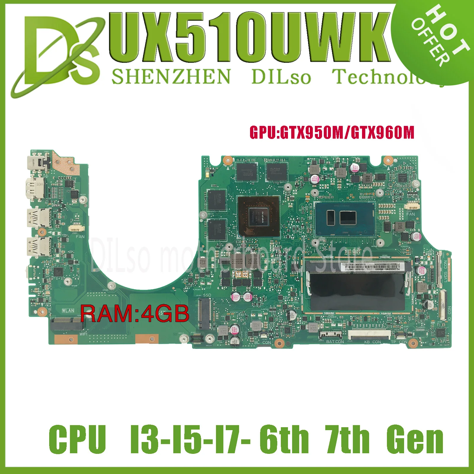 UX510UX Laptop Motherboard For ASUS ZenBook UX510UW UX510UX UX510UXK Mainboard I3 I5 I7 6th 7th Gen GTX950M GTX960M GPU RAM 4GB
UX510UX Laptop Motherboard For ASUS ZenBook UX510UW UX510UX UX510UXK Mainboard I3 I5 I7 6th 7th Gen GTX950M GTX960M GPU RAM 4GB