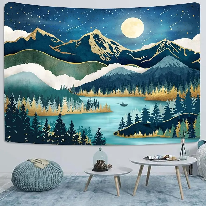 

Mountain Tapestry Nature Forest Tree Tapestries for Bedroom Aesthetic Starry Night Moon Stars Tapestrys Wall Hanging