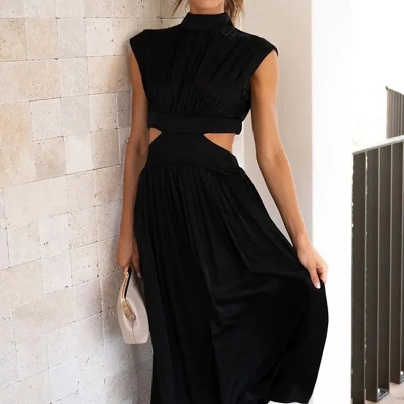 Women Summer Casual Long Dress Solid Color Stand Collar Waist Hollow-Out Sleeveless Dress Beach Holiday Loose Dress 
Women Summer Casual Long Dress Solid Color Stand Collar Waist Hollow-Out Sleeveless Dress Beach Holiday Loose Dress