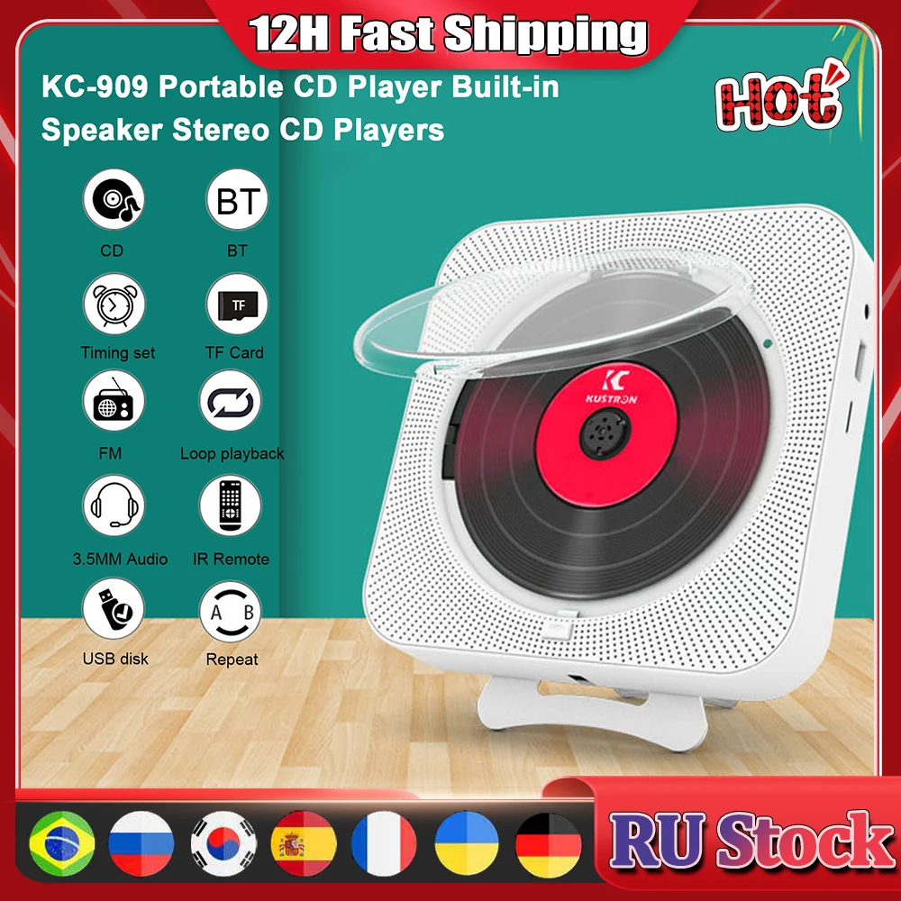 

Portable CD Player Bluetooth Speaker LED Screen Wall Mountable Stereo Players CD Music Player with IR Remote Control FM Radio