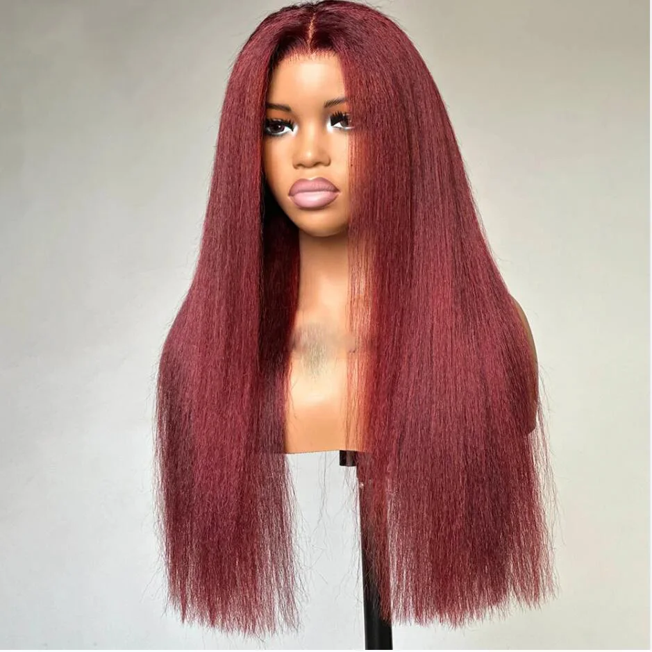 

Burgundy Soft Long 30Inch Yaki Kinky Straight Lace Front Wig For Black Women Baby Hair Wine Synthetic Preplucked Glueless Daily