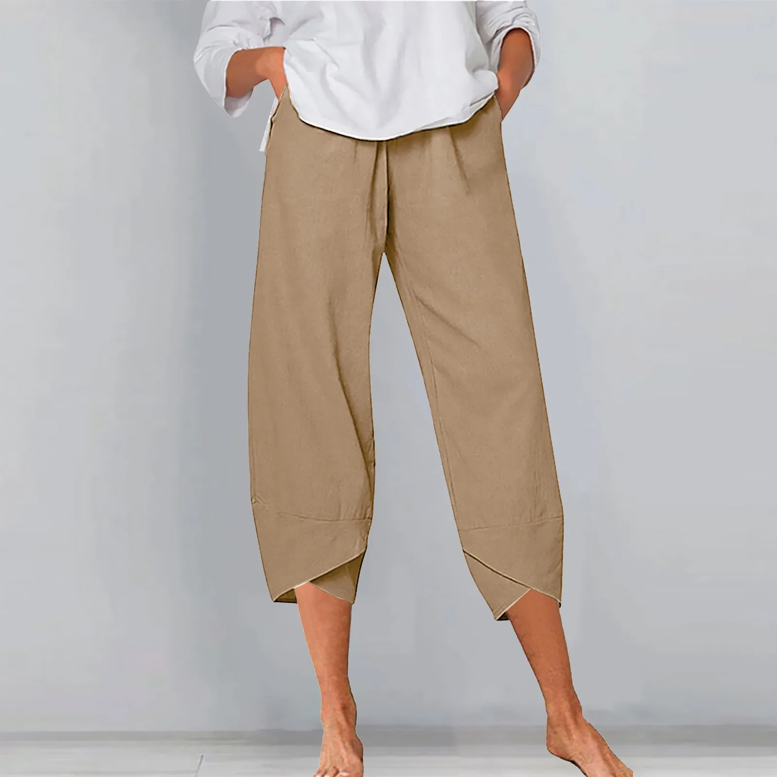 

Harem Pants For Women Cotton Linen Casual Loose Elastic Waist Pocket Trousers Vintage Solid Wide Leg Fashion Cropped Pants