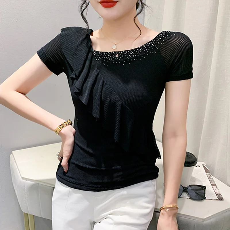 #6472 Summer Black Beige Mesh T Shirt Women Skew Collar Ruffles Diamonds Sexy Club Short T-shirt Short Sleeve Streetwear Tshirt
#6472 Summer Black Beige Mesh T Shirt Women Skew Collar Ruffles Diamonds Sexy Club Short T-shirt Short Sleeve Streetwear Tshirt