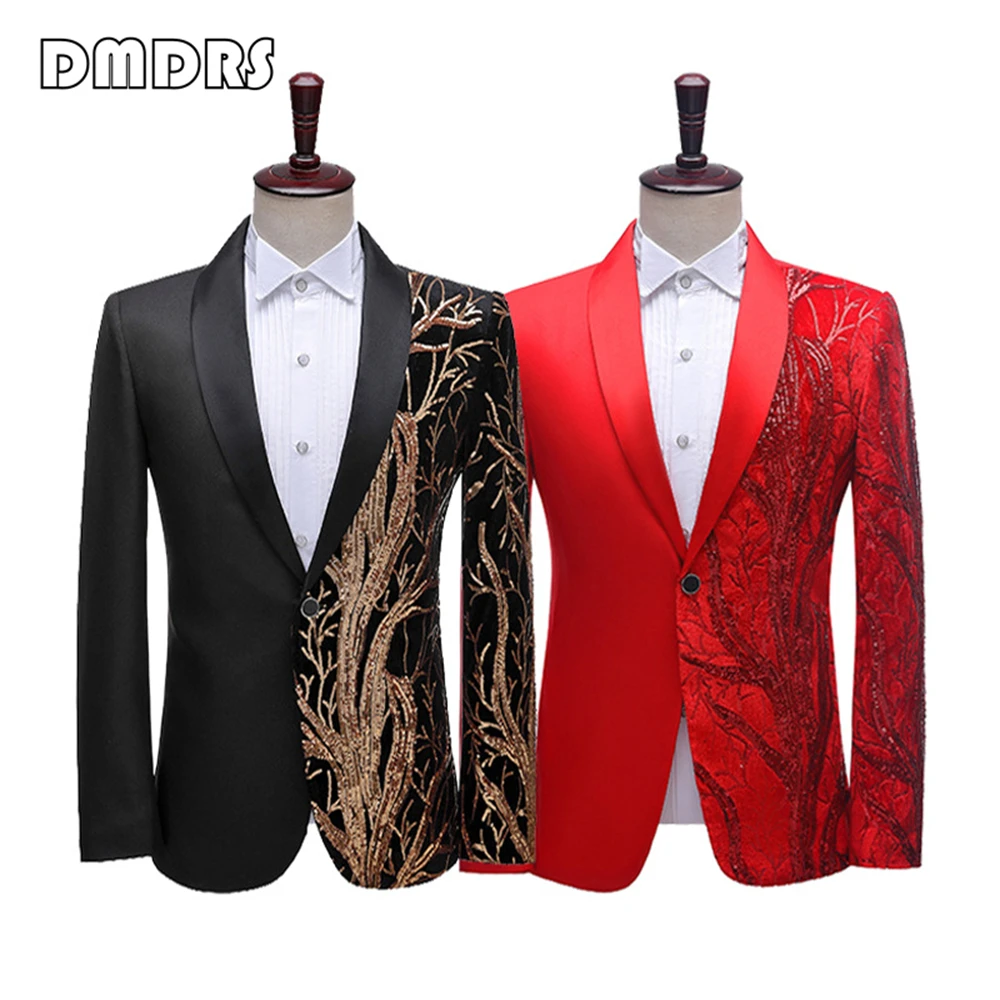 

Sequined Prom Suit Jacket For Men Costume Singer Stage Performance Blazer Shawl Neck Suits One Button Tuxedo For Men