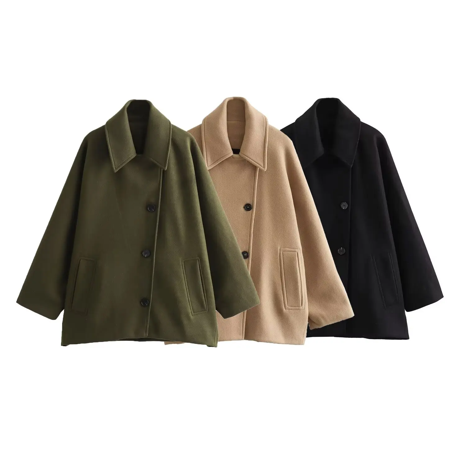

SLTNX TRAF Blend Coat for Women 2023 Winter Chic Turndown Collar Outerwear Female Single-breasted with Pocket Loose Jacket Coats
