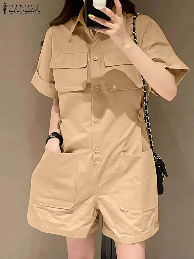 

2024 ZANZEA Summer Rompers Women Fashion Lapel Neck Short Sleeve Cargo Jumpsuits Solid Loose Holiday Overalls Casual Playsuits
