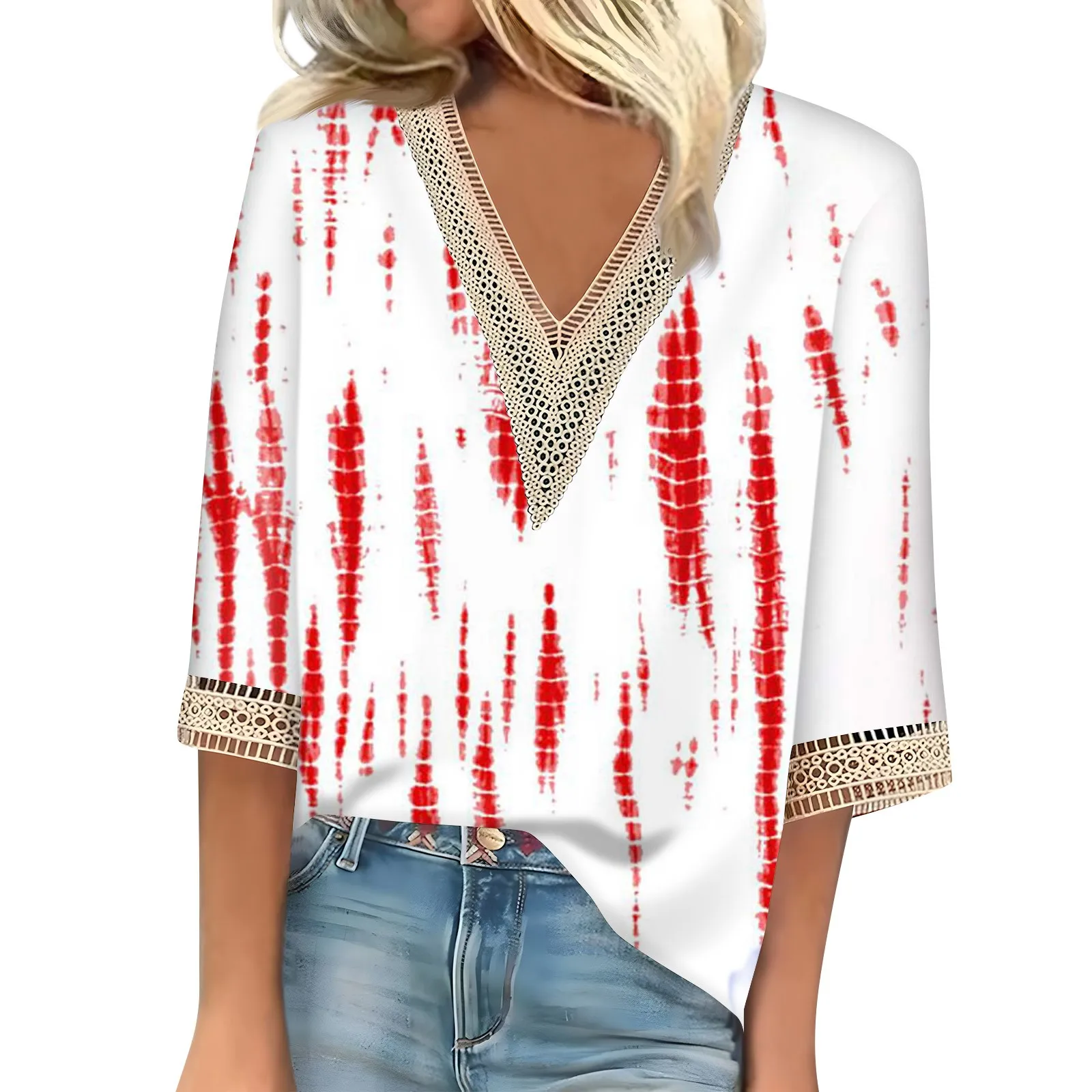 

Women'S Blouse Casual Loose 3/4 Sleeve Lace Trims Print V Neck Tops T-Shirts Tee Plus Rozmiar Topy Camisetas Femininas 플러스사이즈 상의