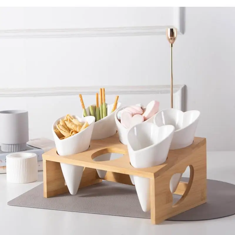 Kitchen White Tableware Heart Snack Dishes Ceramic French Fries Cup Snack Bowl Sauce Dipping Plate with Bamboo and Wood Brackets
Kitchen White Tableware Heart Snack Dishes Ceramic French Fries Cup Snack Bowl Sauce Dipping Plate with Bamboo and Wood Brackets