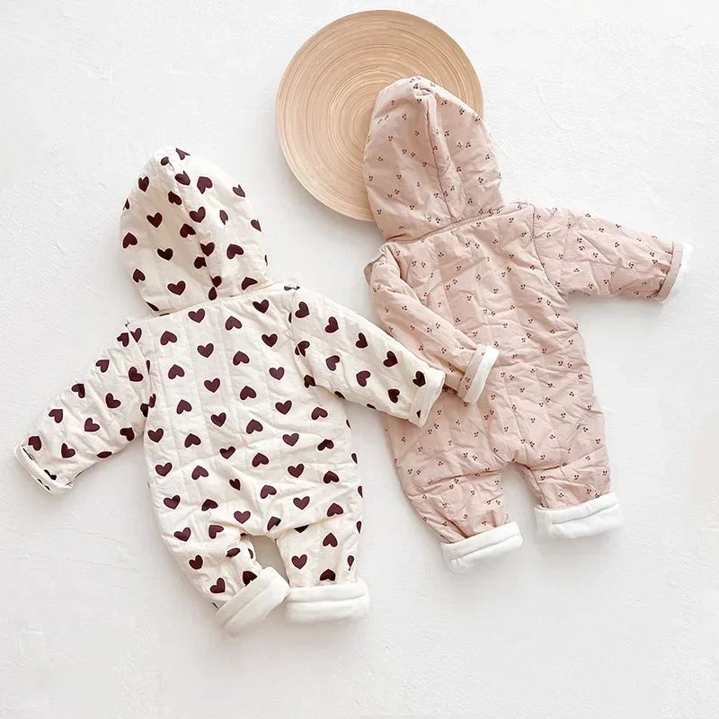 

Newborn Baby Girl Sweet Love Romper Kids Retro Hooded Crawling Suit Infant Warm Fleece Zipper Long Sleeves Thickened Jumpsuit